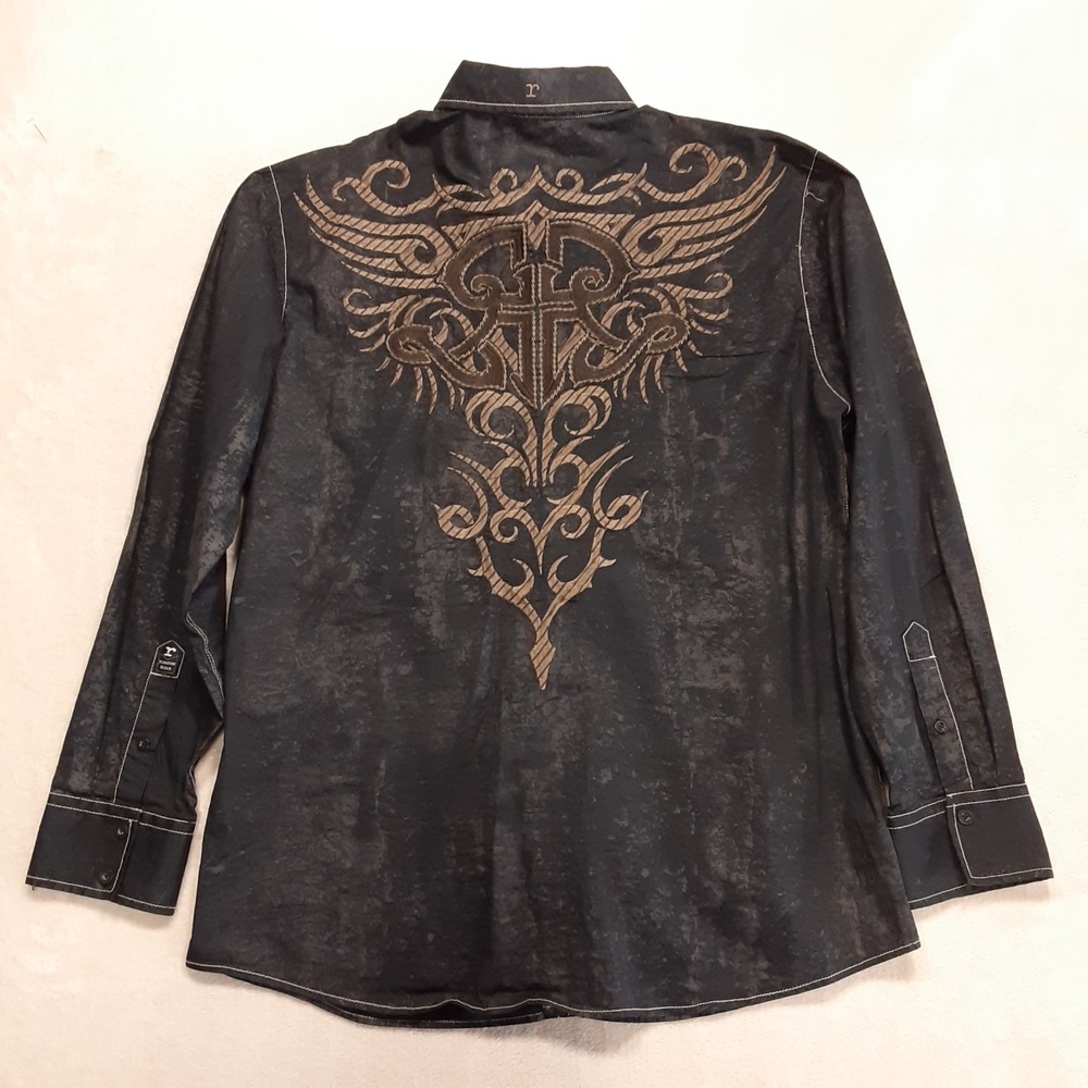 Roar Mens LS Signature Button Shirt XL Black Revelation/Embroidered Tribal Cross